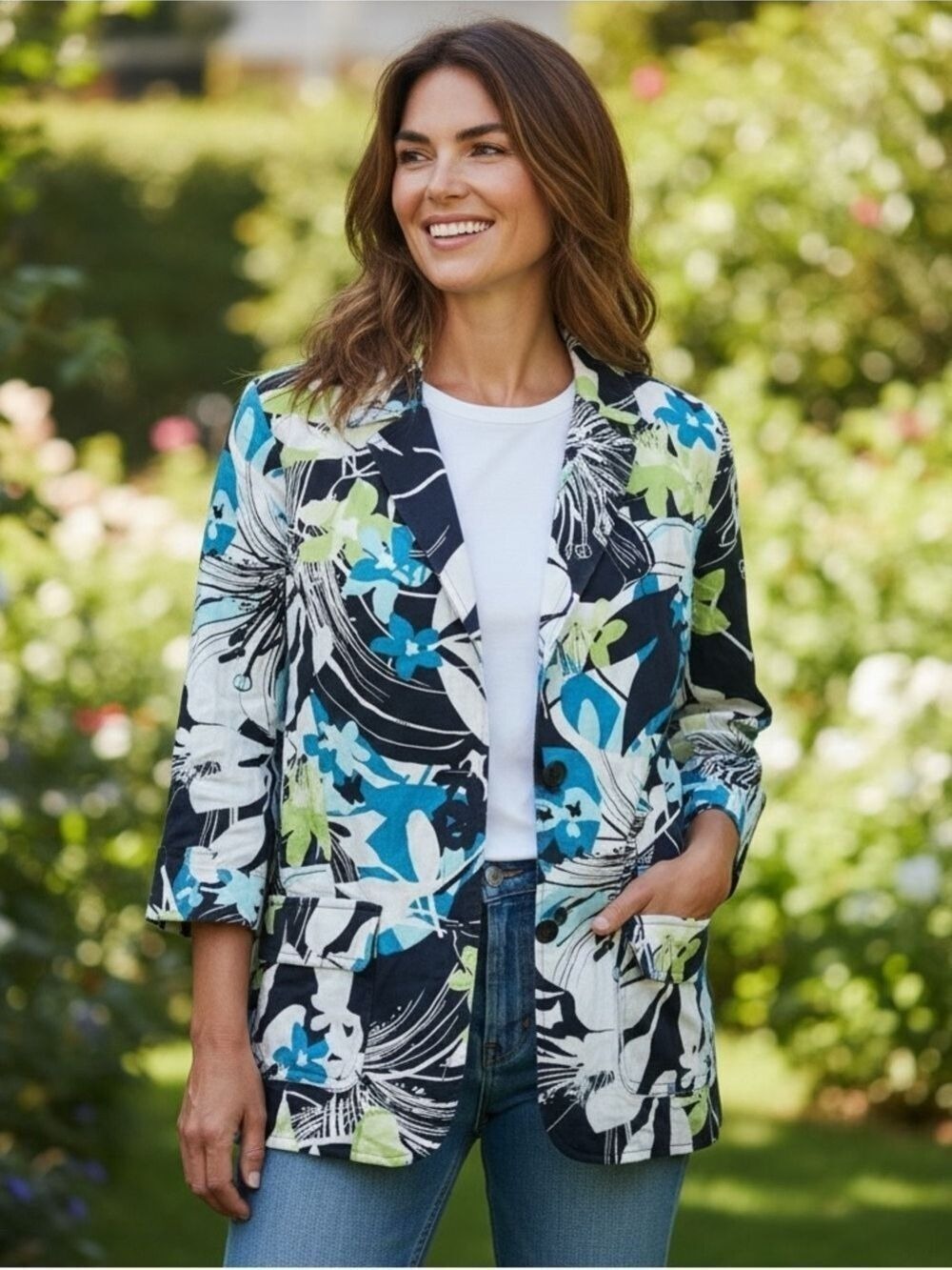 Christopher Banks Blazer Women 3/4 Sleeve Floral Button Blazer Size L